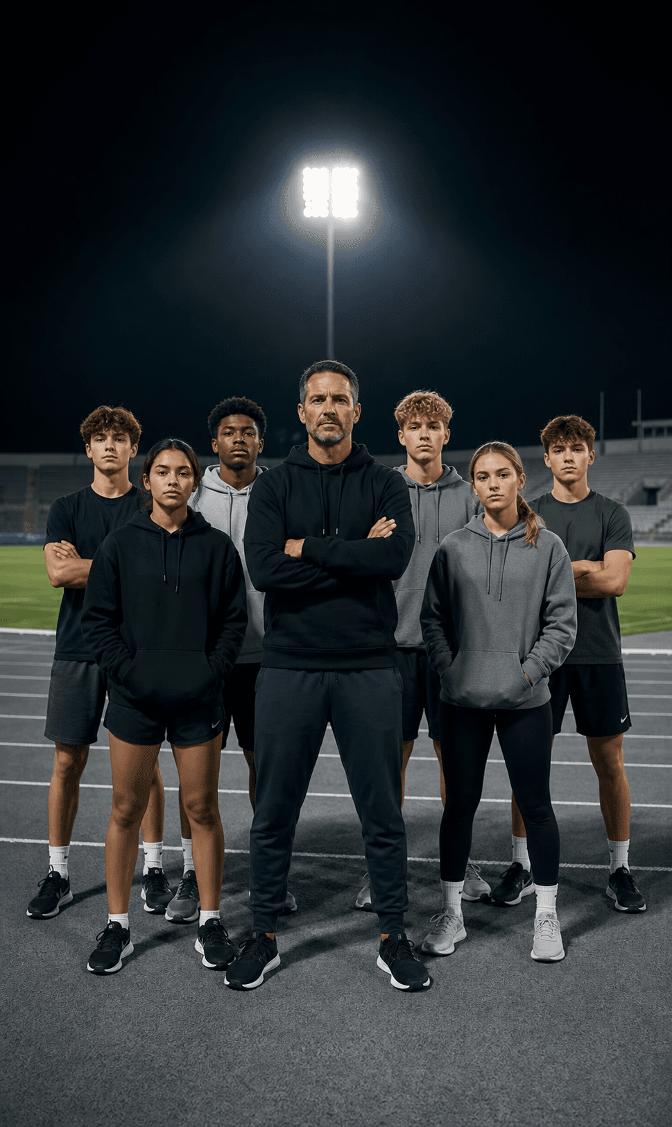 Coach and athletes standing together on a floodlit track at night