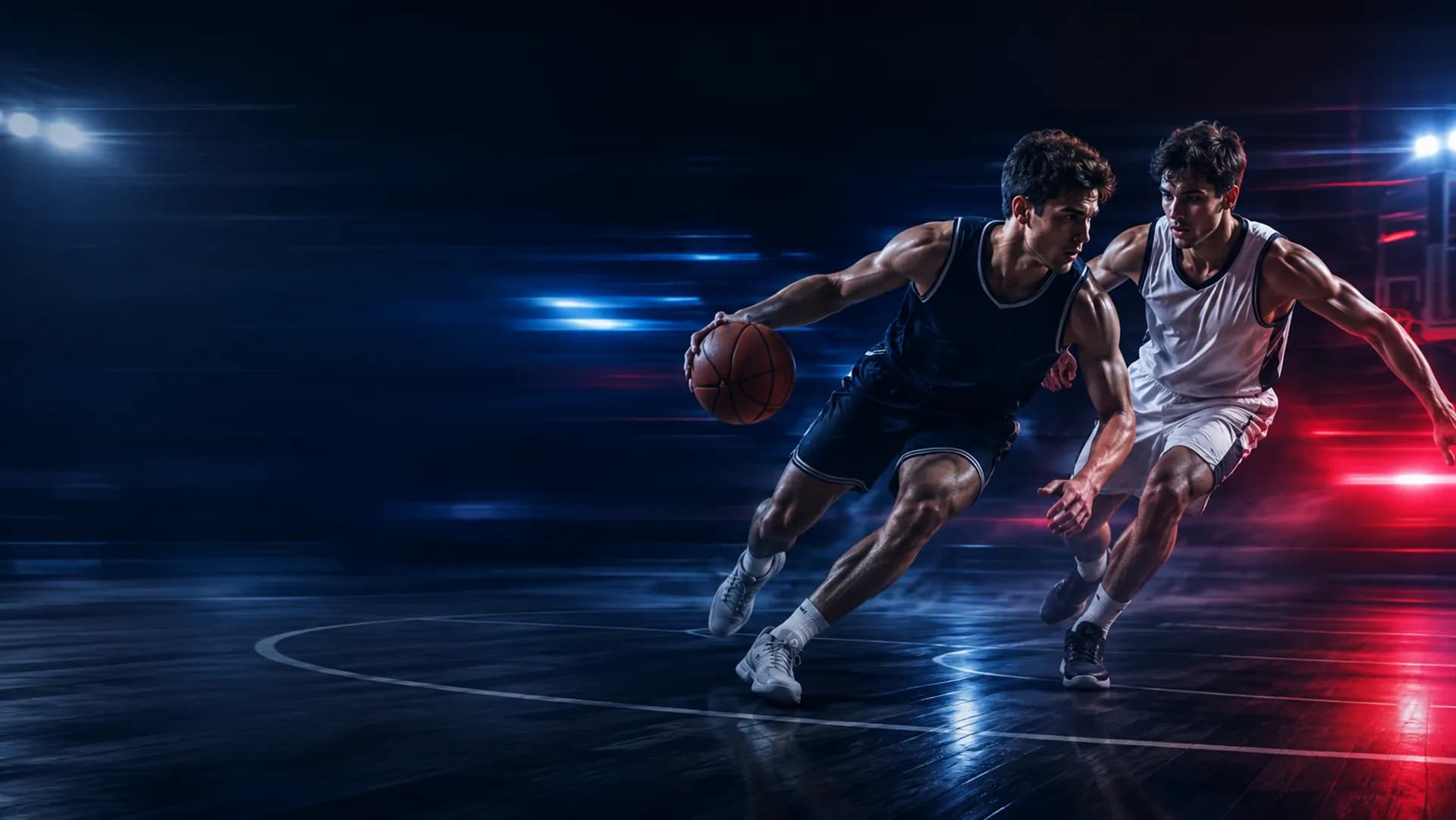 Two professional basketball players battling one-on-one under dramatic arena lights