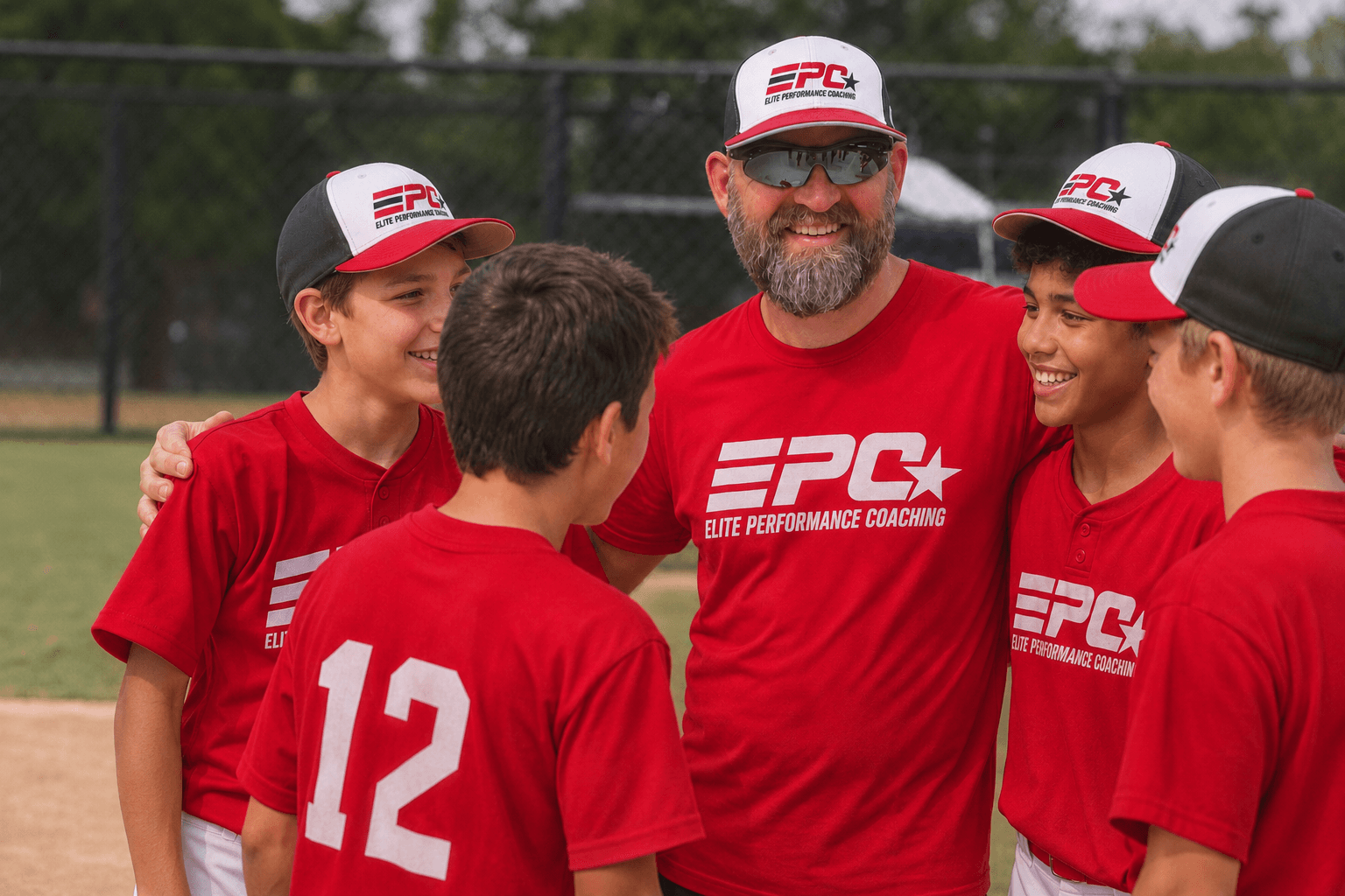 Coach Scott McCord with a youth baseball team