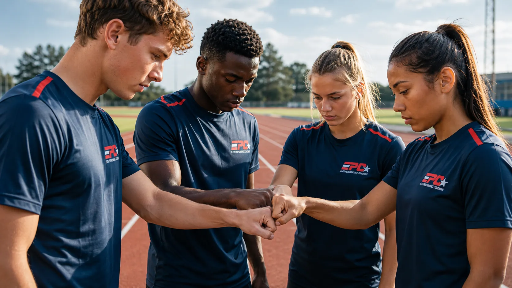 Young athletes in a huddle preparing mentally before competition